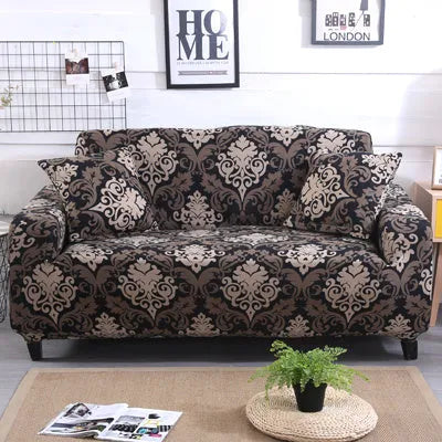 Printed geometric pattern stretch sofa slipcover fitted on a modern three-seater sofa.