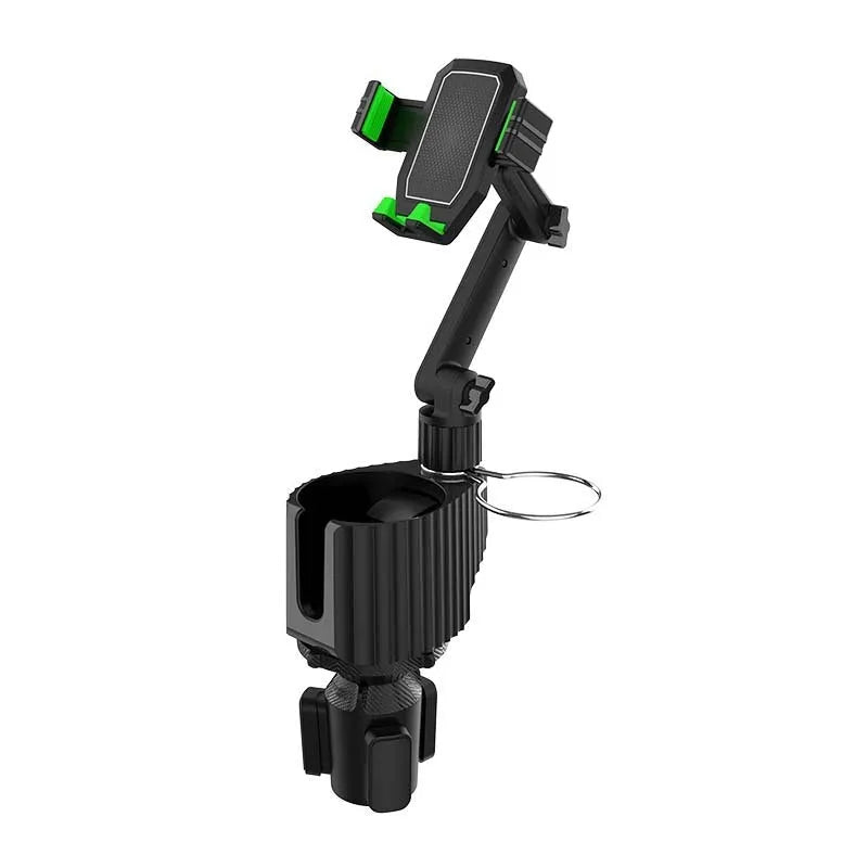 Green car cup holder organiser with kettle storage and phone compartment, ABS/PC construction