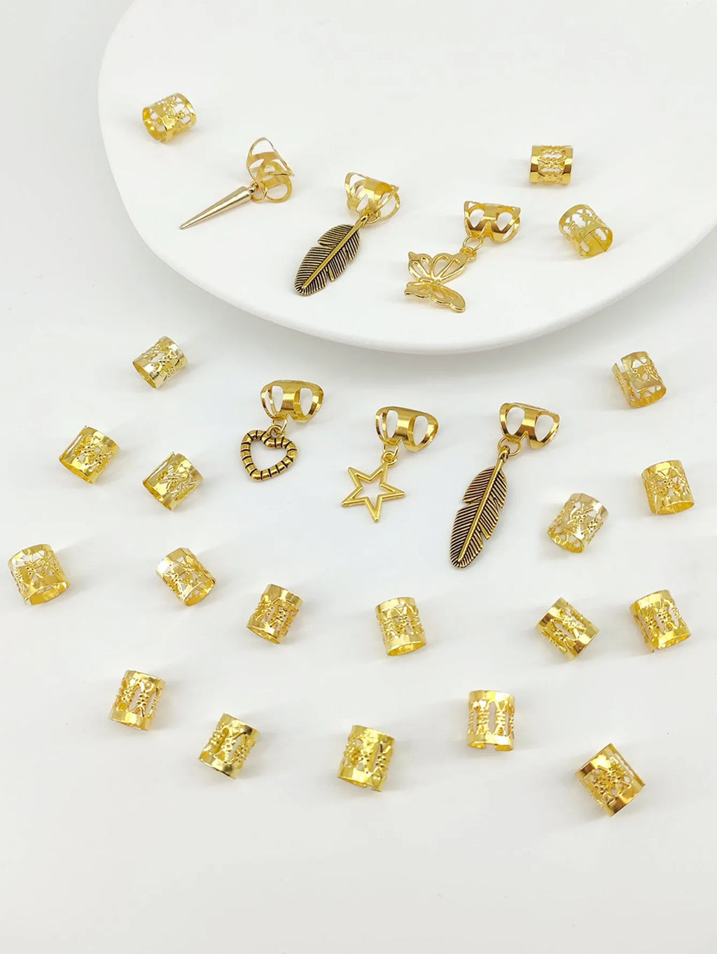 Pack of gold antique-style alloy hair rings with leaves design for braids.