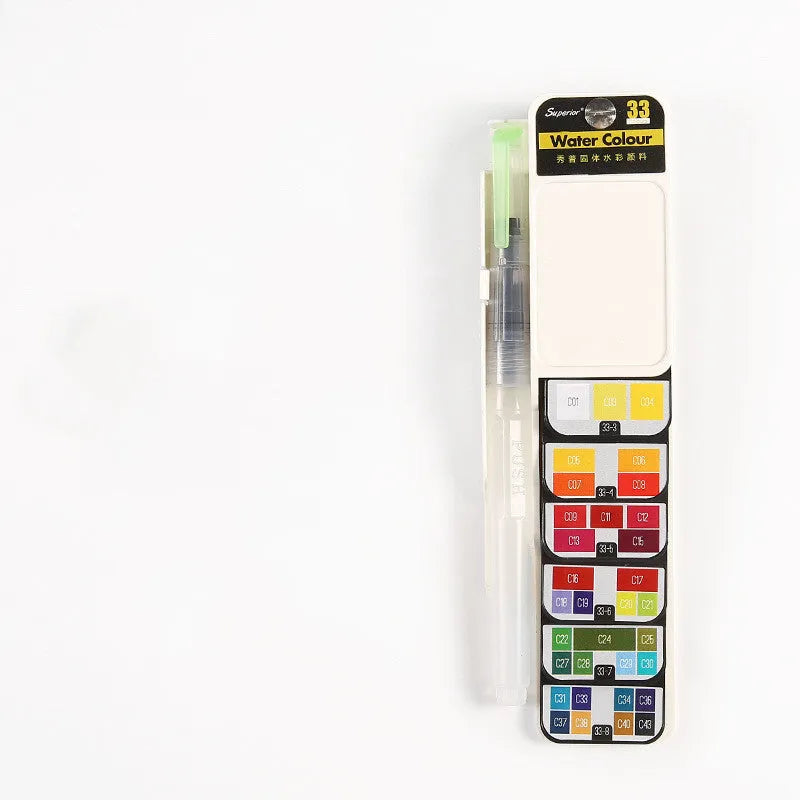 Fan-shaped foldable solid watercolour paint set in transparent box with fountain pen