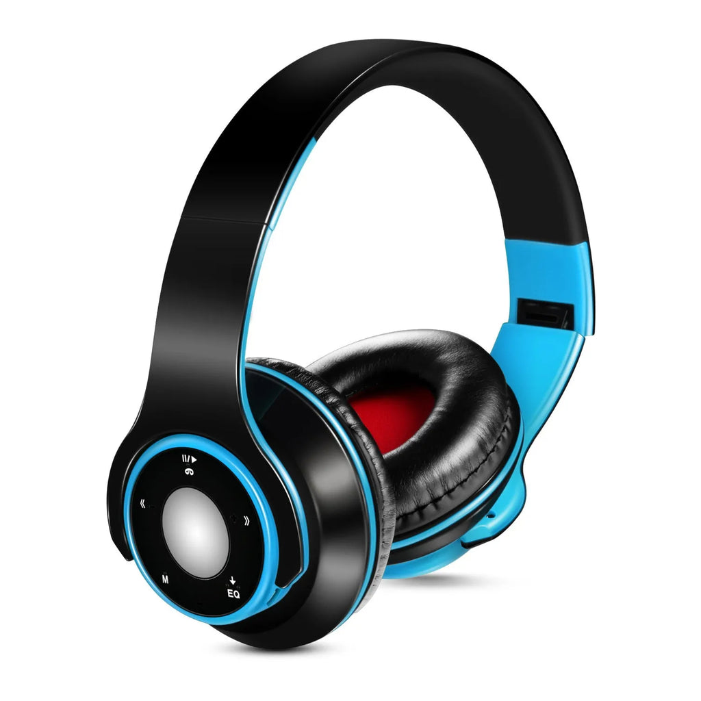 Foldable over-ear wireless Bluetooth headset with adjustable hinges in blue, red, or rose red colours.