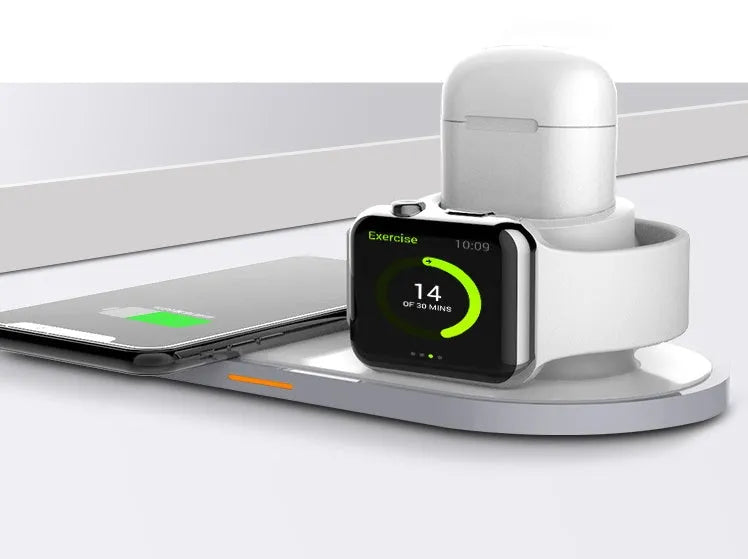 White three-in-one wireless charger for phone and watch with Type-C port and LED indication