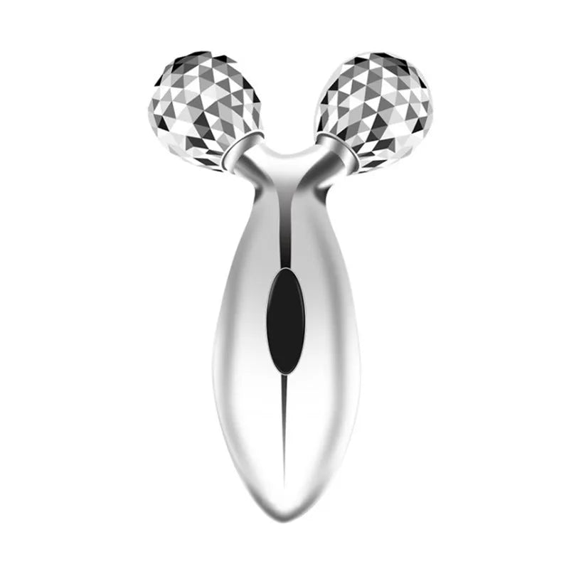 3D face-lifting manual roller massager with positive ion function in silver UV-plated finish