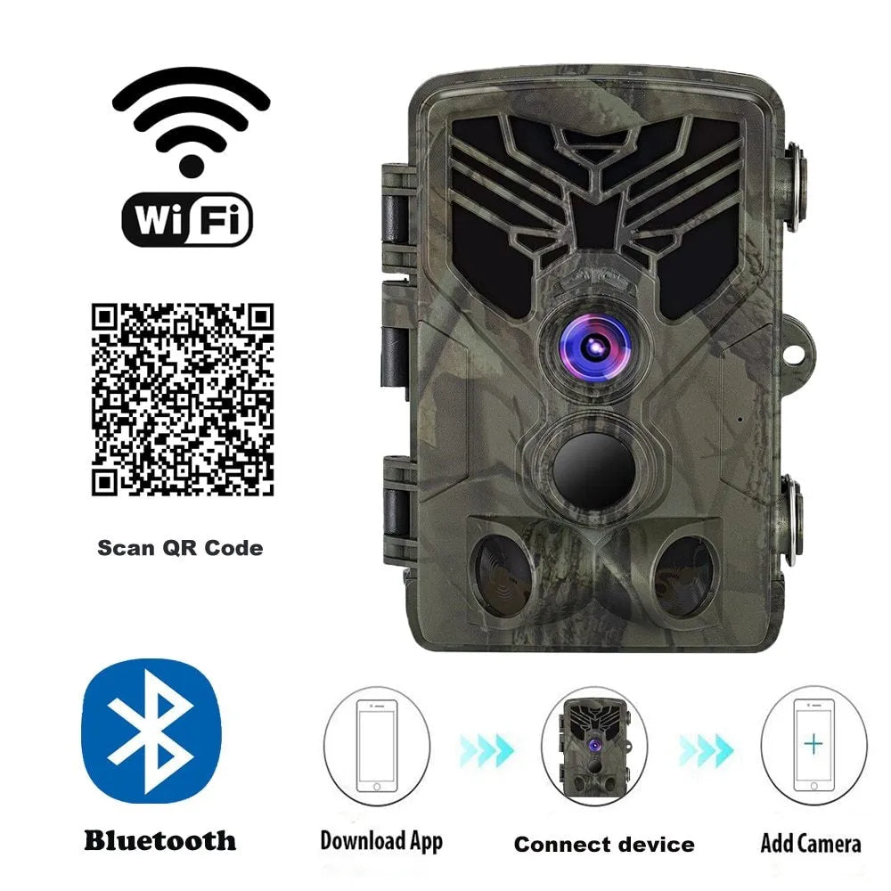 Wifi830 wireless trail camera with camouflage design on tree branch, showing compact size and infrared LEDs.
