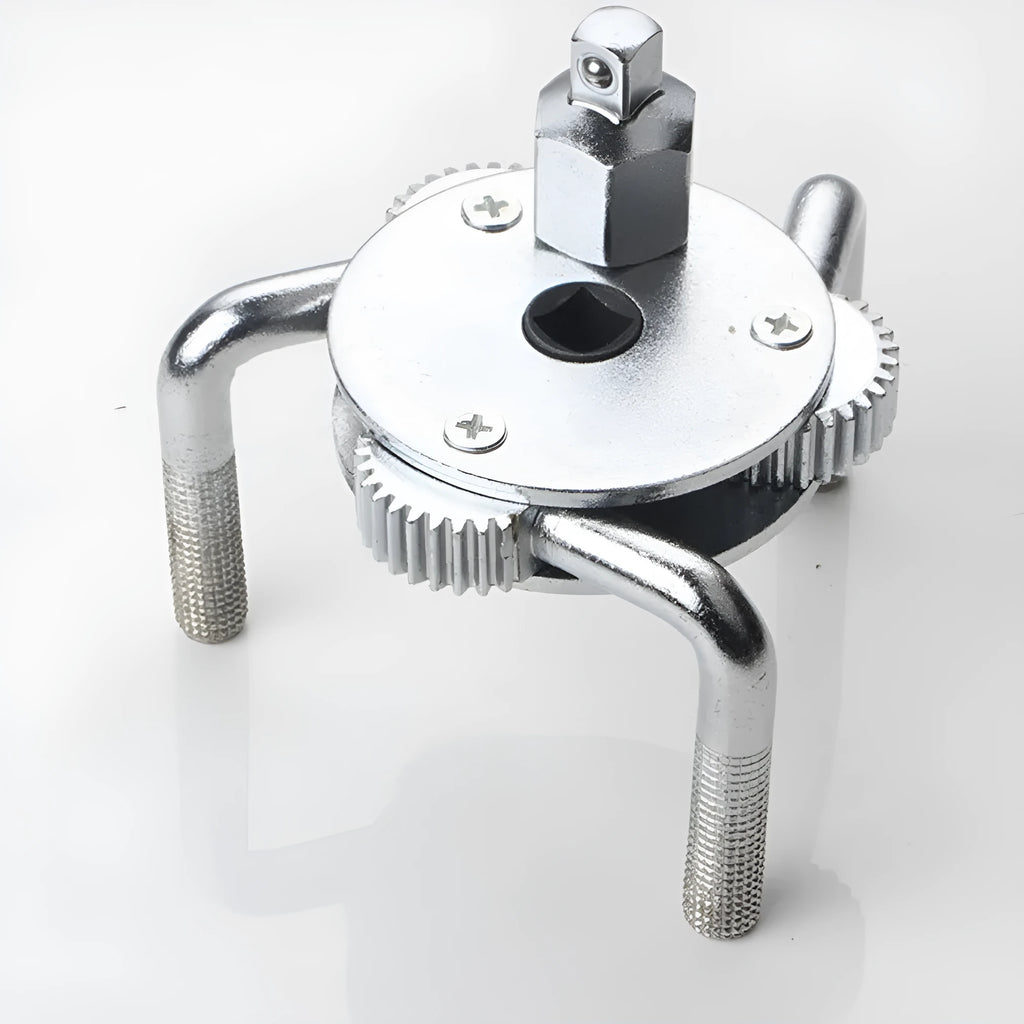 Silver round three-jaw oil filter wrench with frosted finish for metric filter elements