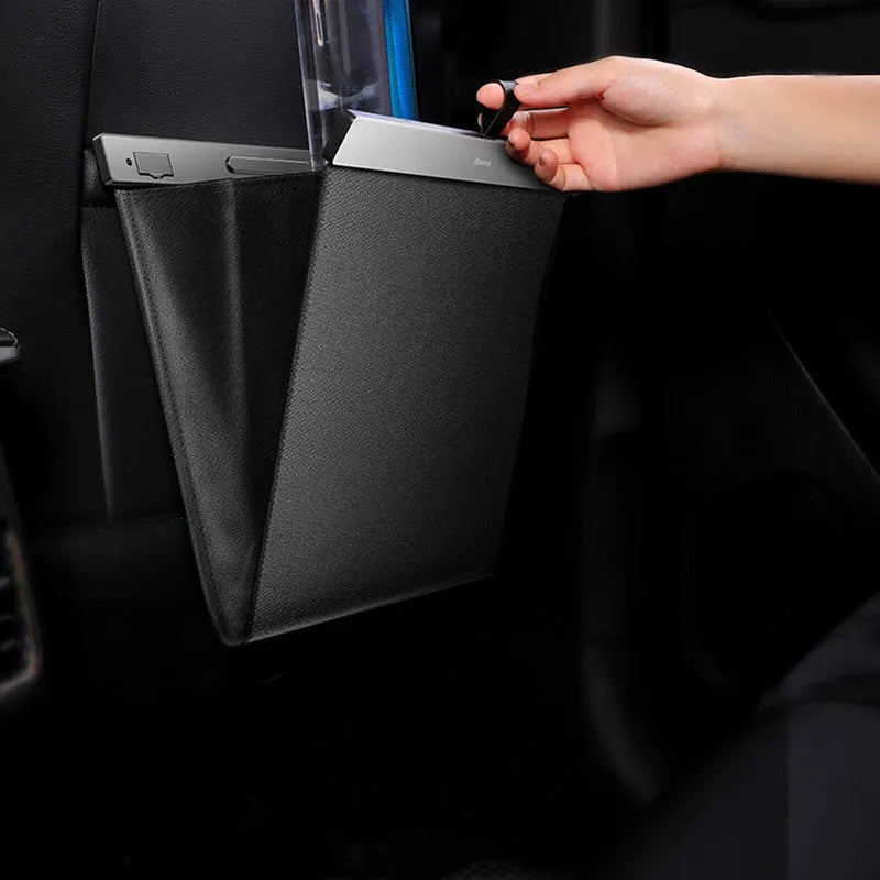 Black PVC car trash bag handbag shape with magnetic attachment, size 360x290x45mm, lock smell and leak-proof