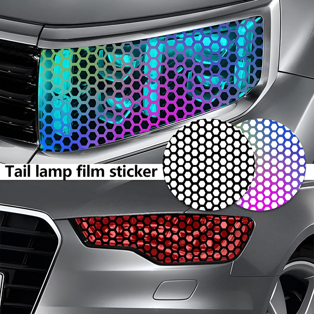 Ten honeycomb-patterned car taillight stickers in three colour options on 48cm by 30cm vinyl sheets