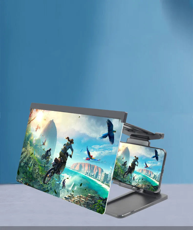 Black foldable mobile phone screen magnifier with detachable shading holder on a desktop.