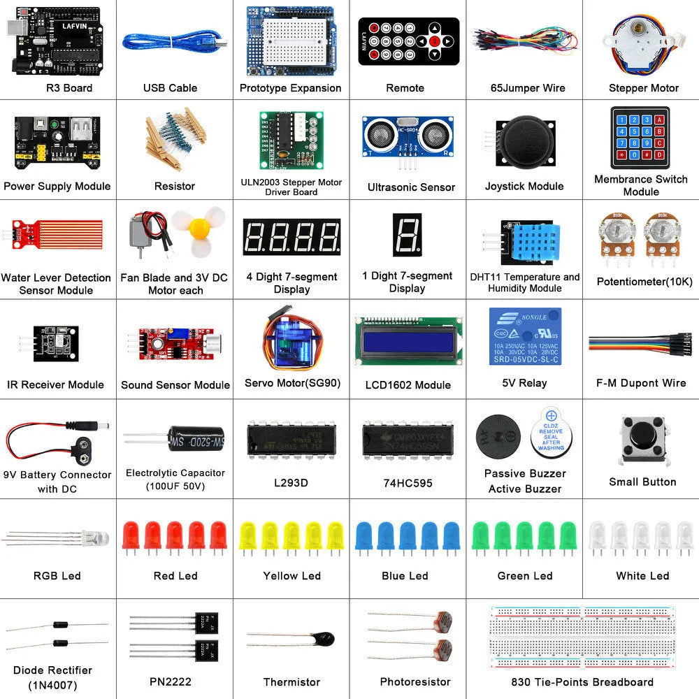LAFVIN Arduino R3 Super Starter Kit showing blue Uno R3 board, breadboard, LEDs, sensors, and components on a table.