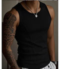 Men's tight black polyester tank top with American stitching, shown from the front.