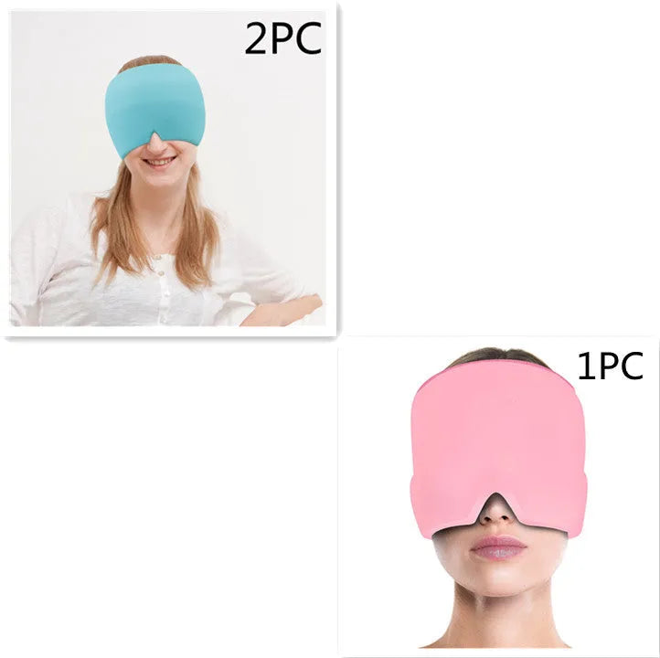 Black cooling gel eye mask for headache relief on a white background.
