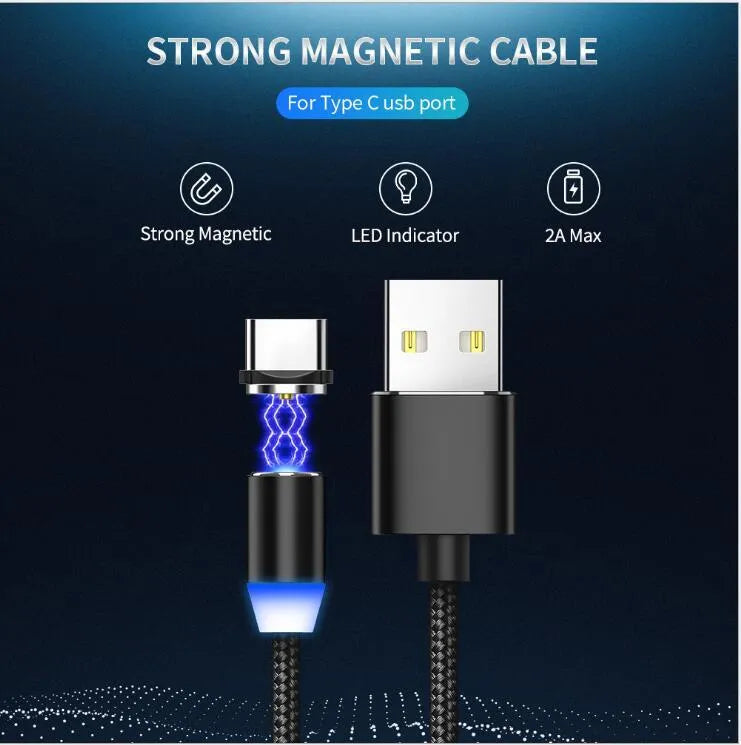 1 metre magnetic LED charging cable with cotton woven cord and three-in-one connector in aluminium shell