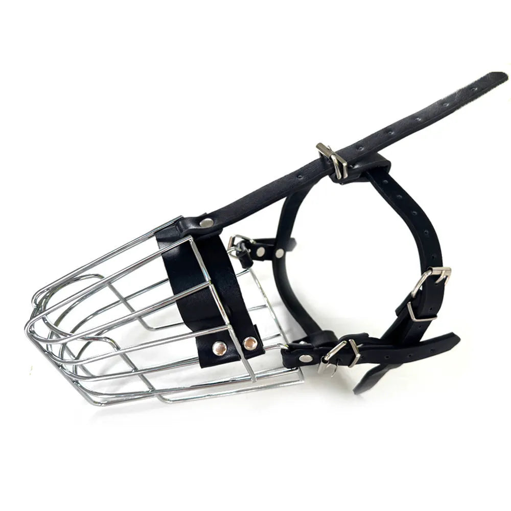 Black metal wire basket dog muzzle shaped for a golden retriever or German shepherd, showing adjustable strap and buckle.