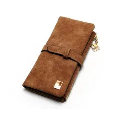 Vertical long ladies wallet in soft PU leather with a zip closure and decorative lock, showing interior card slots and compartments.