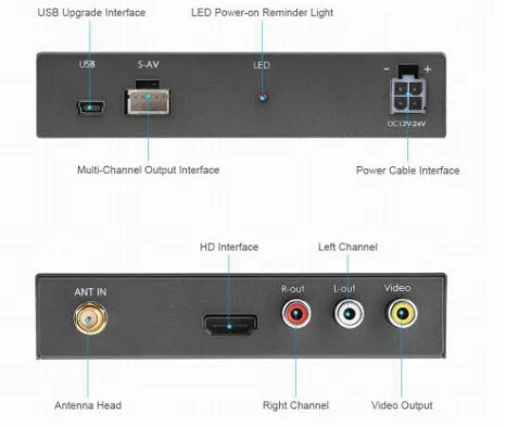 Black car mirror link box with power cable, AV cable, antenna, and user manual.
