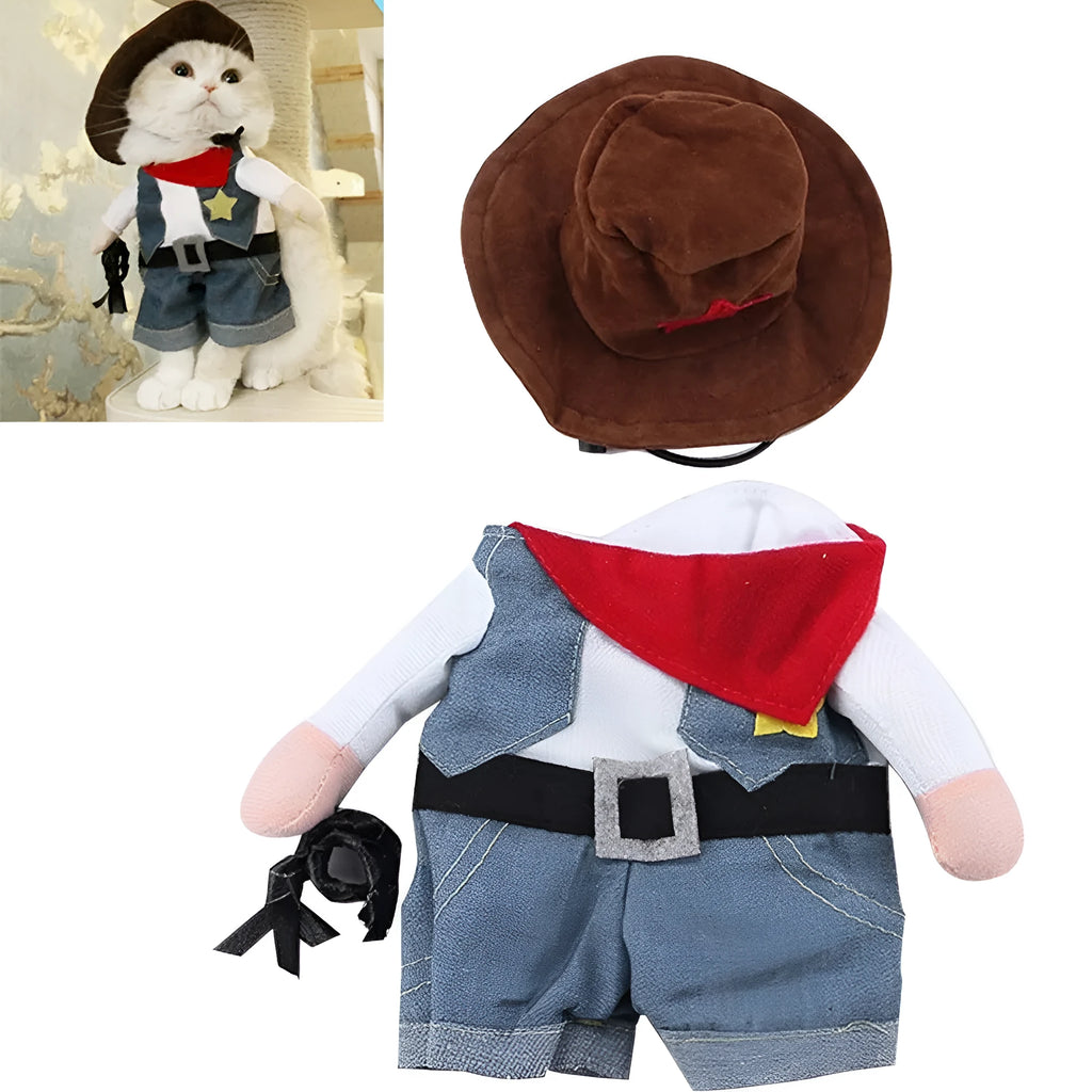 Pet denim cowboy costume with hat for cats and dogs dark blue cloth jacket set