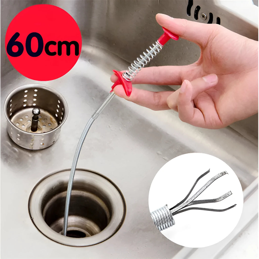 Flexible drain cleaning spring tool with gripped handle for removing hair from pipes
