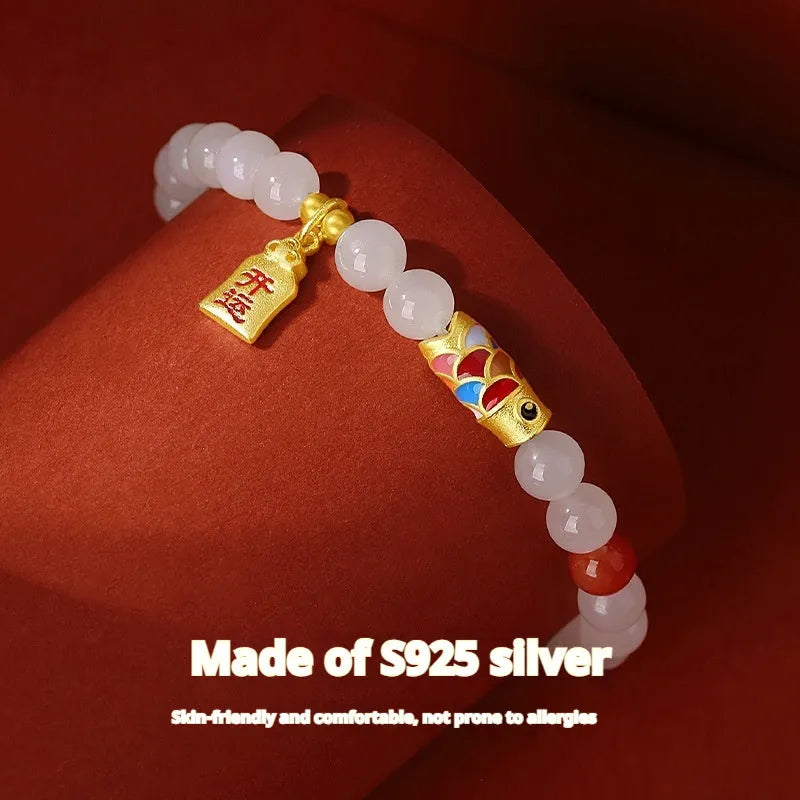 S925 sterling silver bracelet with natural Hetian jade beads and koi cold enamel design