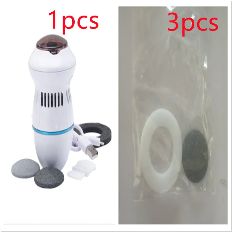 Beige electric foot file grinder with diamond grinding heads and USB charging cable