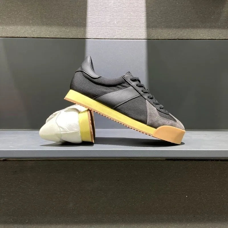 Men's summer sports shoes with cow suede leather upper and breathable mesh panels in multiple colour options