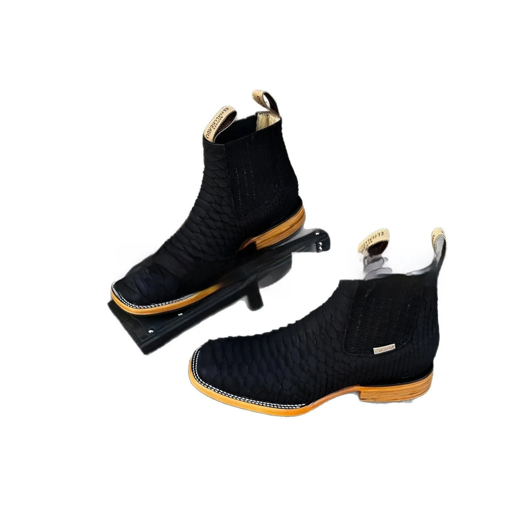 Men's retro ankle boots with square toe and striped pattern, artificial PU upper, shown in black.