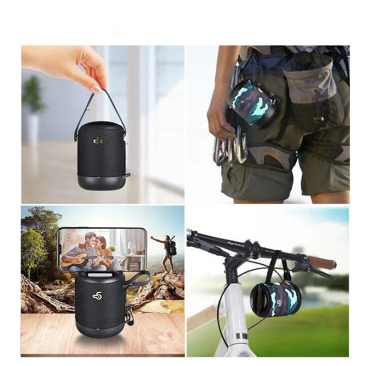 Compact portable Bluetooth speaker with carrying strap in multiple colour options.