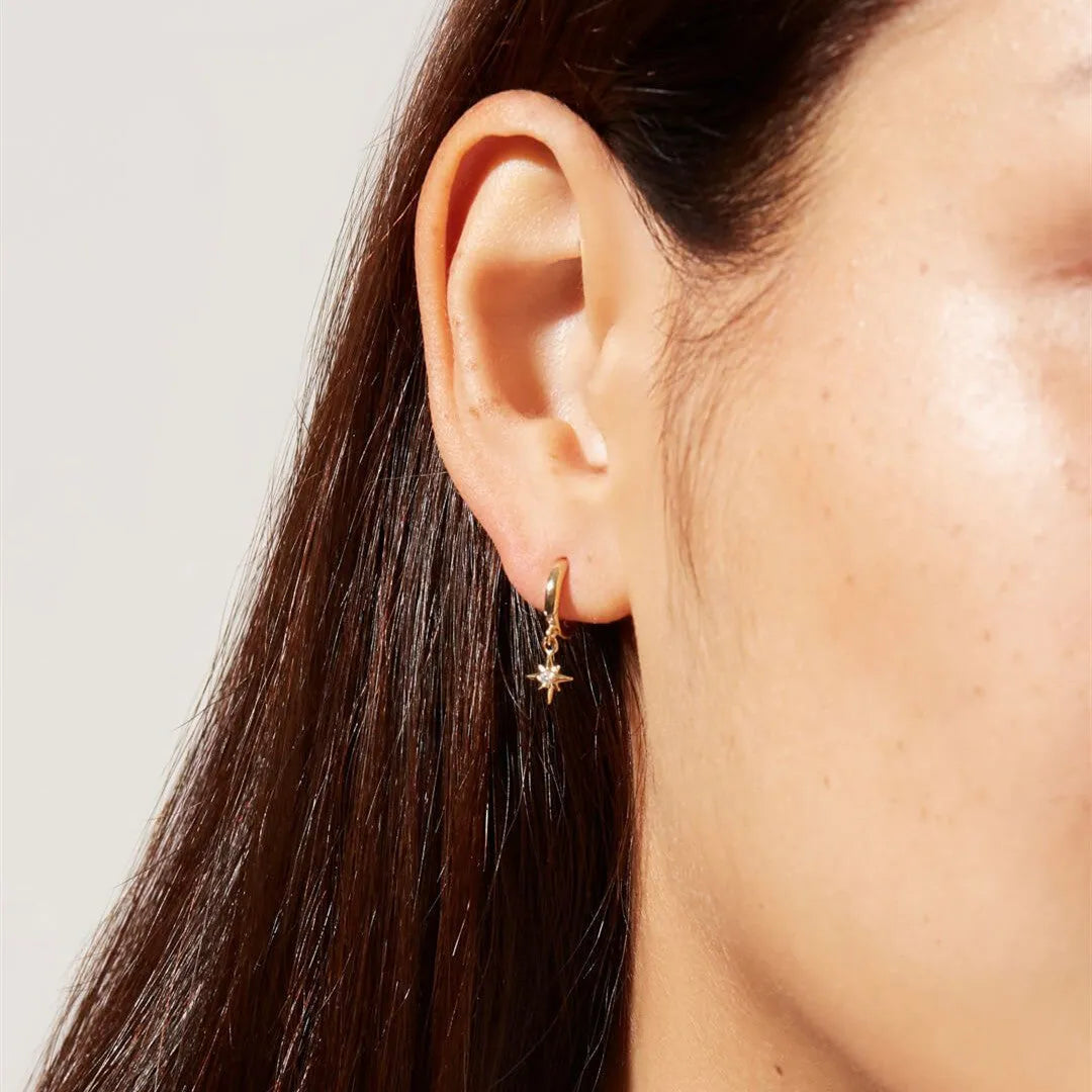 Eight awn star zircon earrings for women, copper with electroplated finish, 17.2mm length