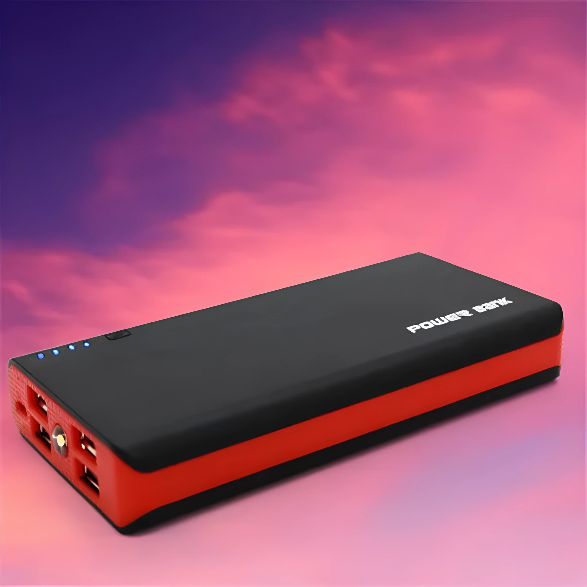 Blue 20000mAh portable power bank with two USB output ports and a micro-USB input port on a white background.