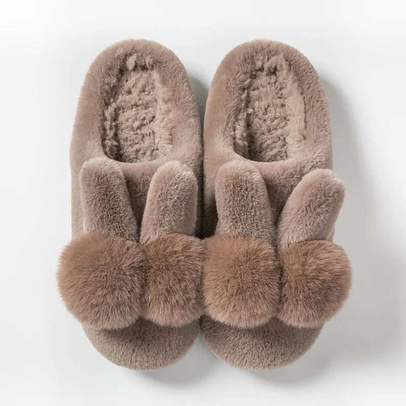 Women's high-top bunny fluffy slippers in creamy white with a flower pattern and rabbit fur.