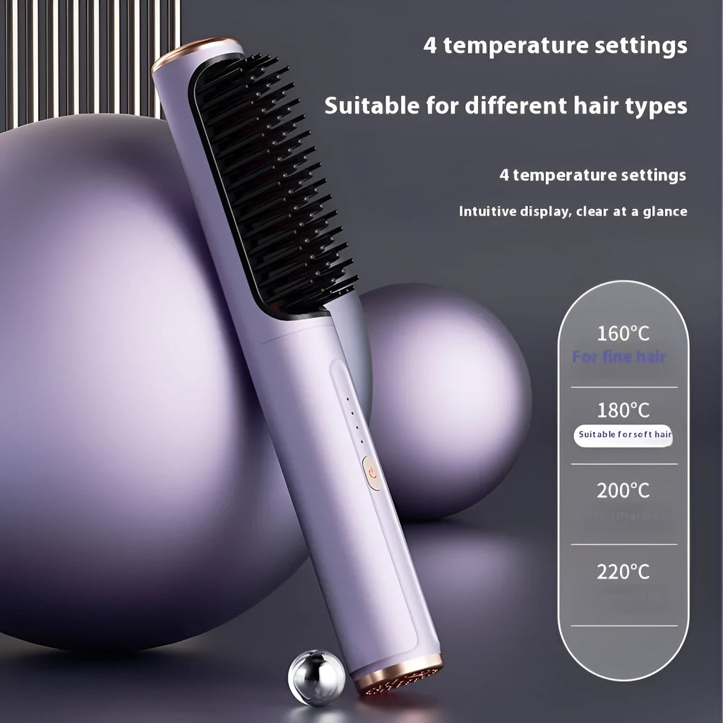 Wireless straight comb in rose gold colour with anion technology for curling and straightening hair
