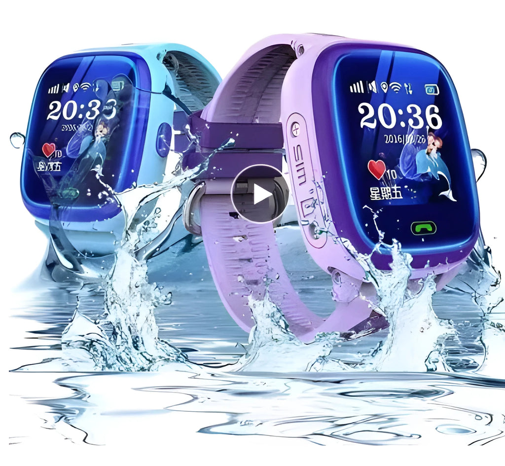 Blue children's smart watch with silicone strap showing time on 1.22 inch touch screen