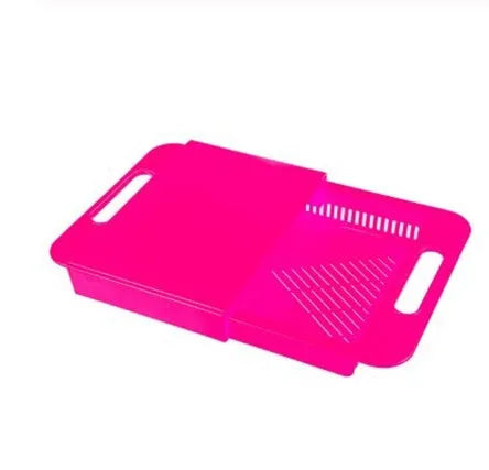 3-in-1 multi-purpose cutting board with colander in blue, showing integrated drainer and ergonomic handles