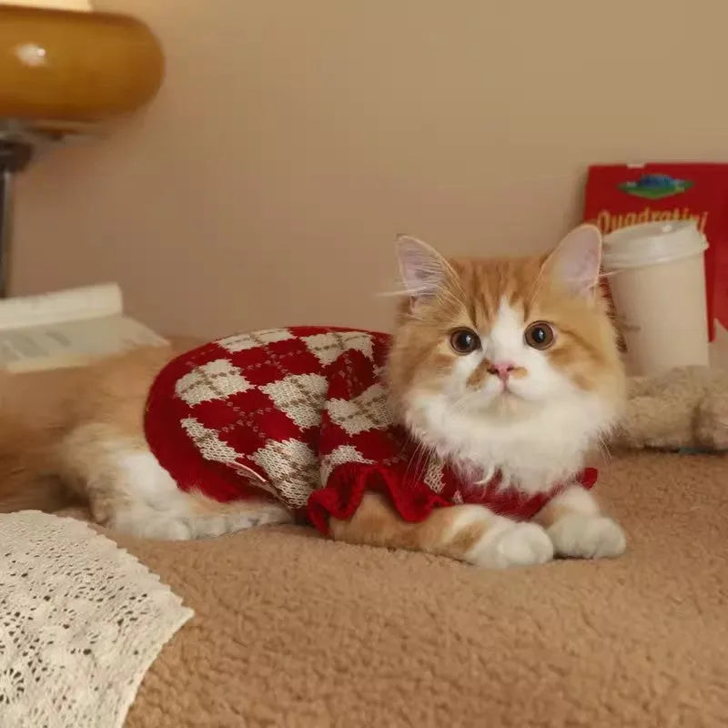 Red cat sweater with rhombic diamond embroidery pattern, a knitted polyester jumper for pets.