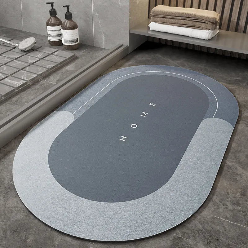 Blended fabric bathroom floor mat in blue, available in oval and rectangle shapes.