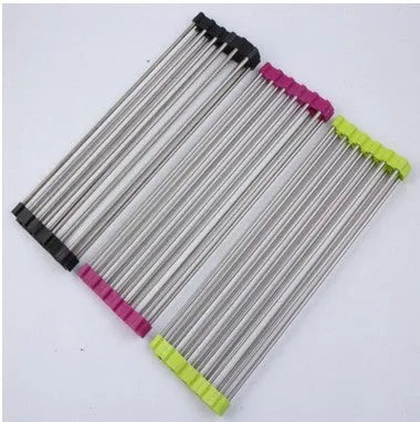 Folding stainless steel kitchen sink drain rack with coloured PP plastic tubes in collapsed and expanded positions