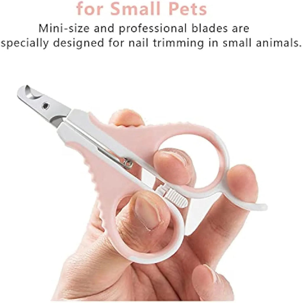 Grey and pink angled cat nail clippers with safety guard and rubber-coated handles.