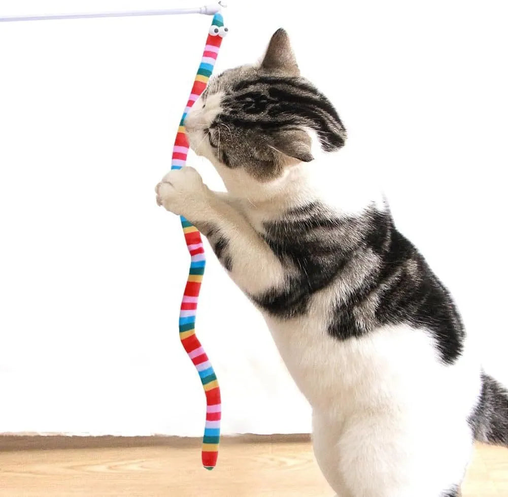 Cat wand teaser toy with polycarbonate handle and long plush strip in multiple colour options