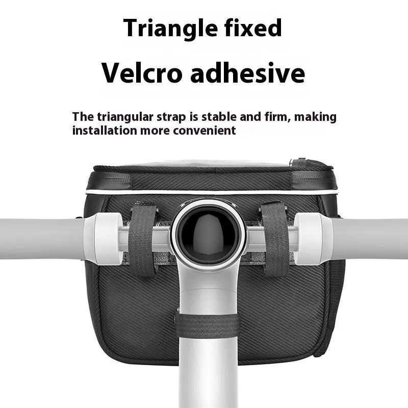 Black folding bicycle handlebar bag measuring 7 inches with hanging strap