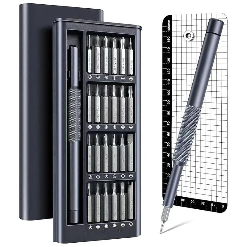 25-in-one magnetic precision screwdriver set with chrome vanadium steel bits and black knurled ABS handle.