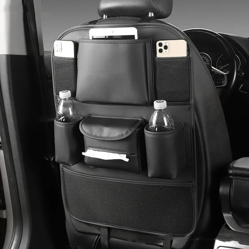 Leather car seat back storage bag in four colour options mounted behind vehicle seat