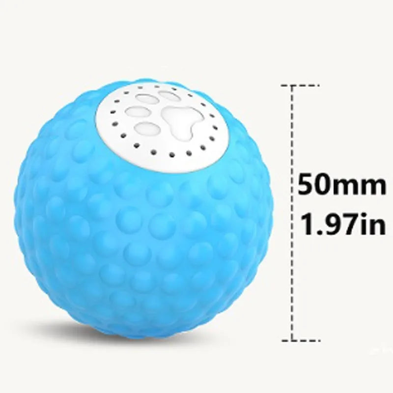 Blue remote control cat toy ball with flashing LEDs next to its handheld remote controller.