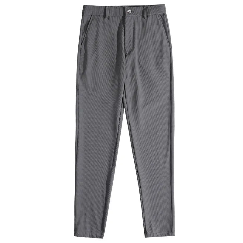 Men's casual straight-leg dark pattern ice silk cropped pants with ankle tie in grey stripe, loose fit, mid waist.