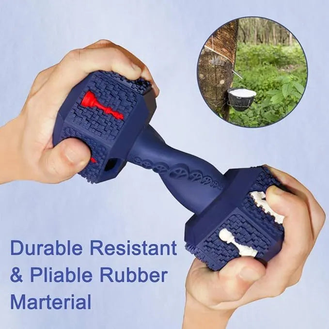 Black and blue durable rubber dumbbell dog chew toy with textured surface for aggressive chewers.