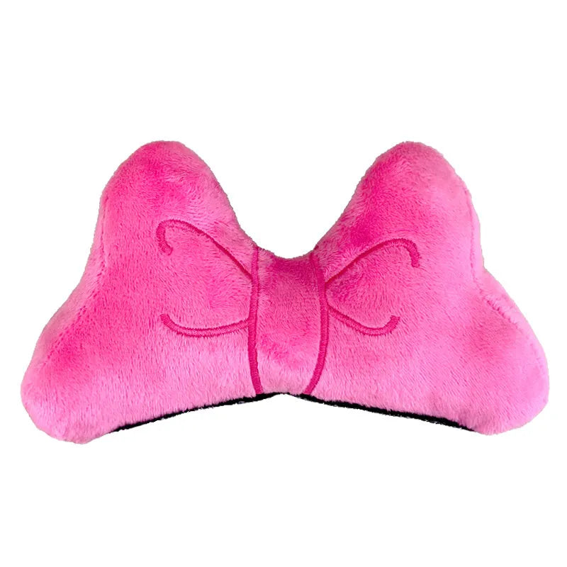Soft plush bow tie helmet decoration in red, peach pink, or rose pink for motorcycle and ski helmets.