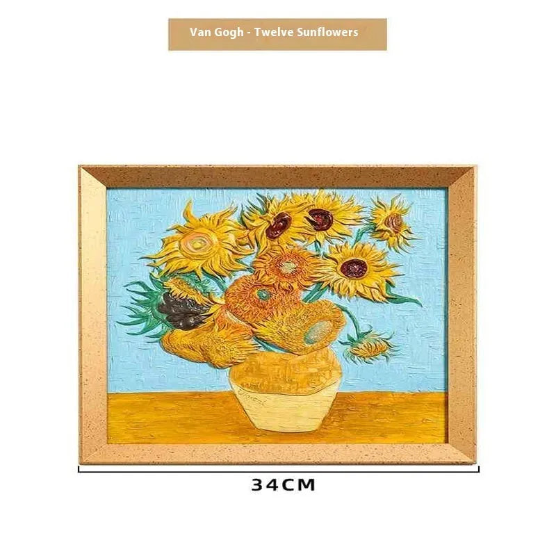 DIY paint-by-numbers kit showing canvas, acrylic paint pots, and brushes for recreating Van Gogh's Starry Night.