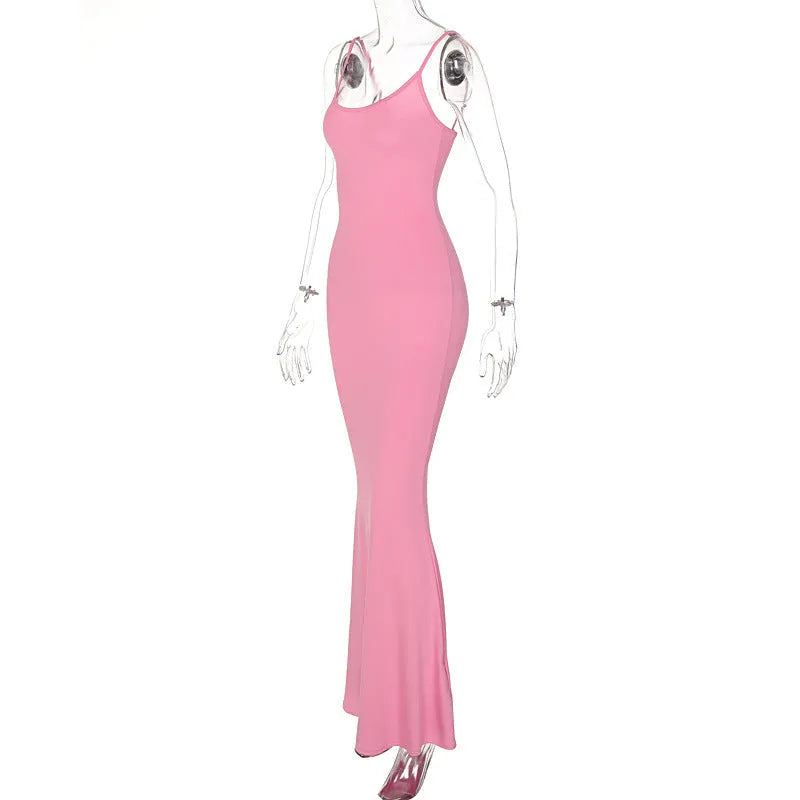 Spaghetti strap long bodycon dress for women, solid colour, high waist A-line skirt, available in pink