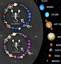 Set of twelve natural stone bead bracelets on a table, each with a different coloured gemstone representing a zodiac sign.