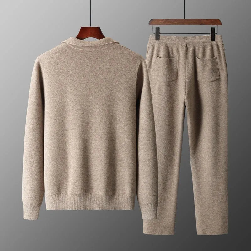 Men's thickened wool knit cardigan suit with loose lapels, long-sleeve top and trousers in camel or purple blue