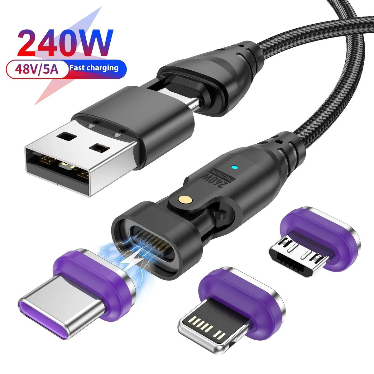 New Six-in-one 240W magnetic data cable with aluminium alloy connectors in black, 1m and 1.8m lengths
