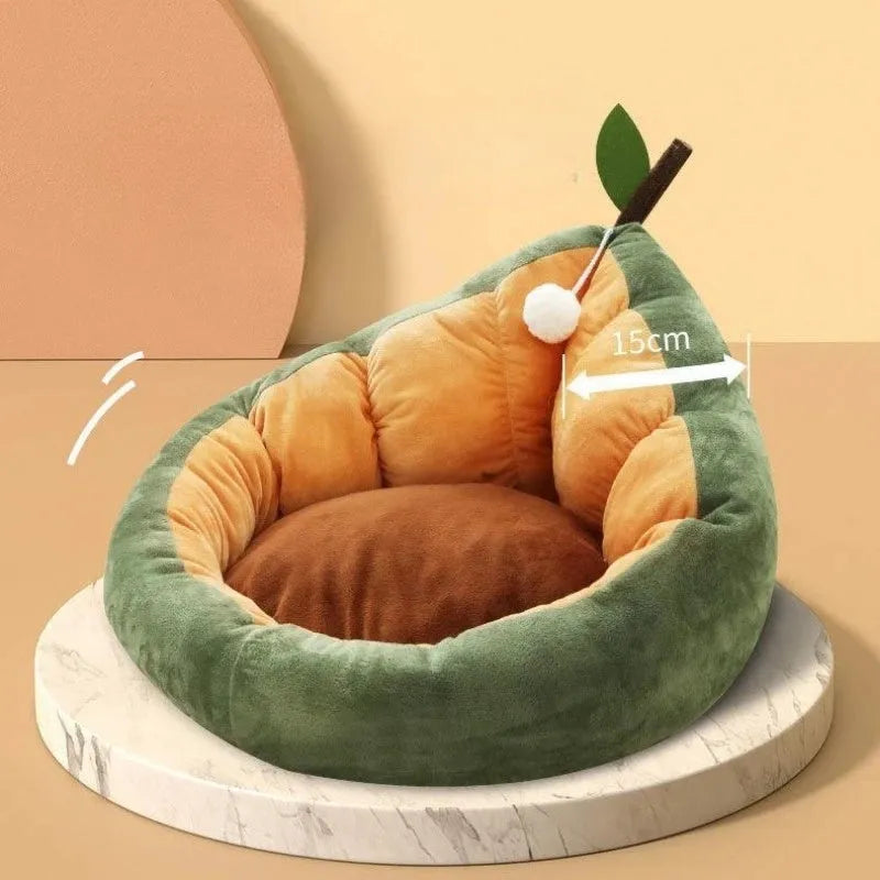 Soft coffee-coloured cotton pet bed with fluffy fleece interior and a raised bolster edge for a cat or small dog.